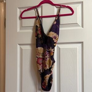 Floral Deep V One-Piece Swimsuit - Purple